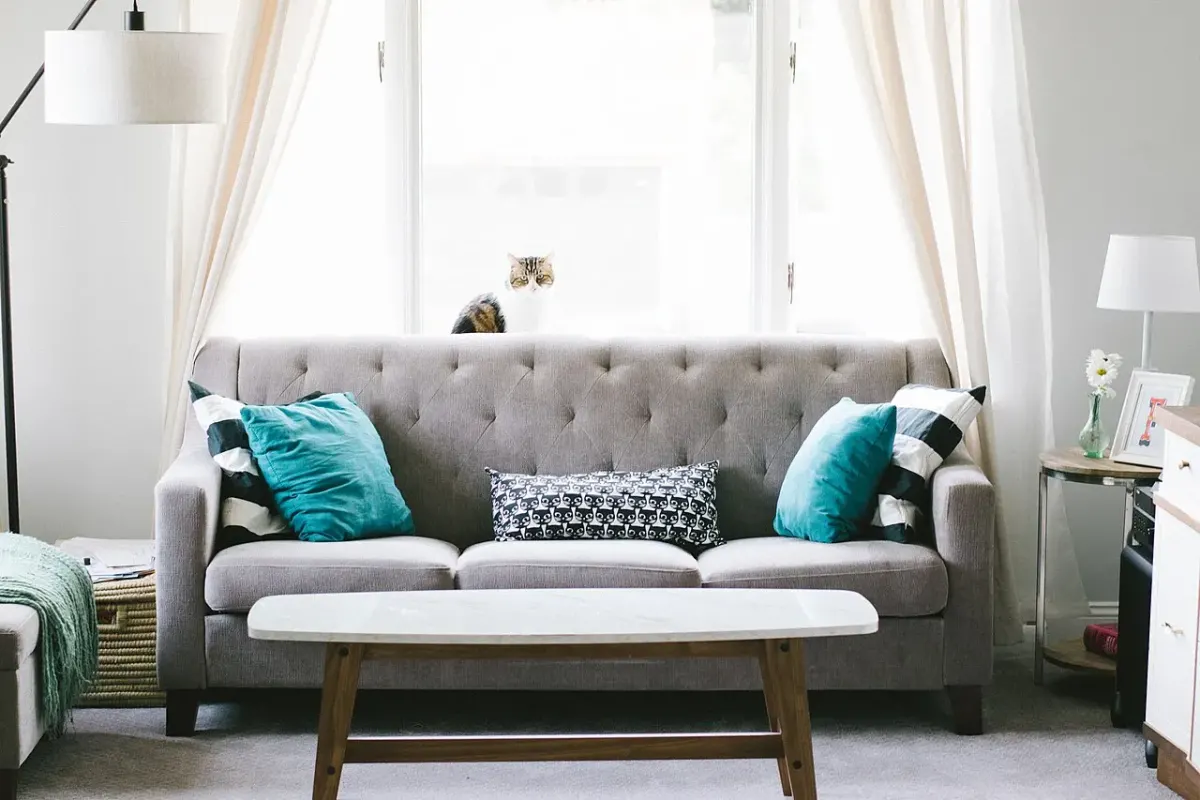 3-seater fabric sofa, grey, with cushions, photo 1