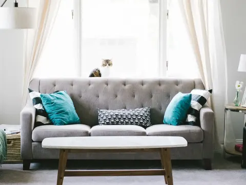3-seater fabric sofa, grey, with cushions